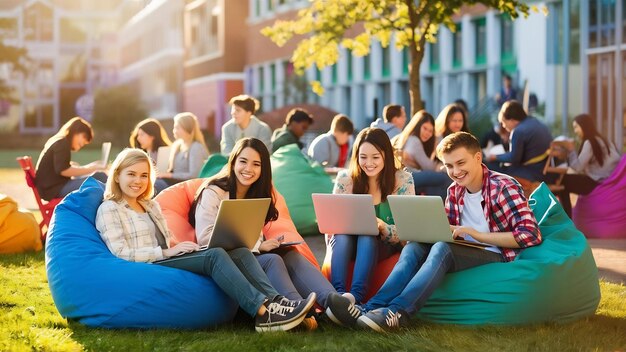 Studenti felici seduti e che studiano all'aperto mentre usano il portatile