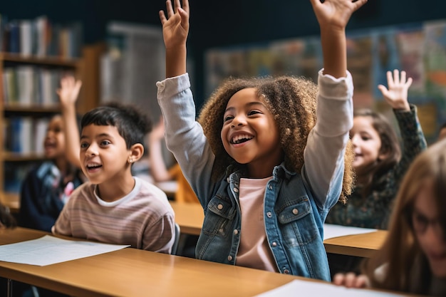 studenti multiculturali delle scuole elementari che alzano la mano in una classe