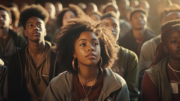 studenti seduti in fila mentre si guardano in fila l'uno con l'altro nello stile dell'afrofuturismo