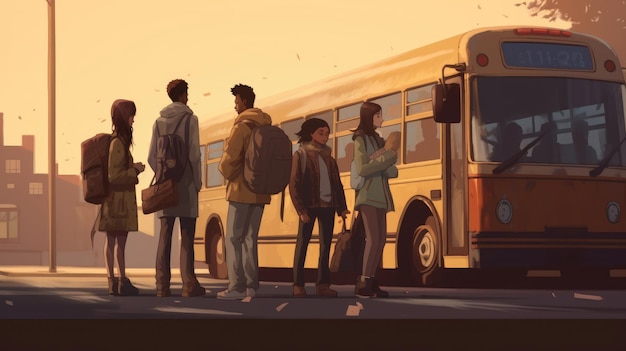 Studenti universitari che aspettano il loro scuolabus per andare all'università