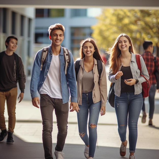 Studenti universitari felici che camminano insieme