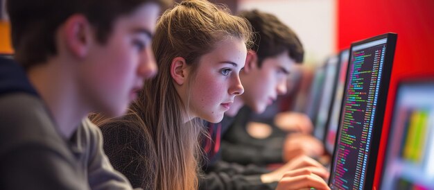 Students engaged in coding at computers in a classroom setting