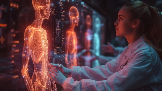 Studi medici professionali immagine scheletrica virtuale su display digitale