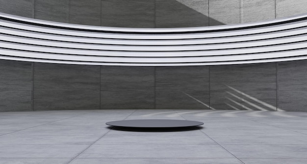 Studio concreto showroom tunnel palco curvo moderno cerchio vuoto podio realistico con luce naturale