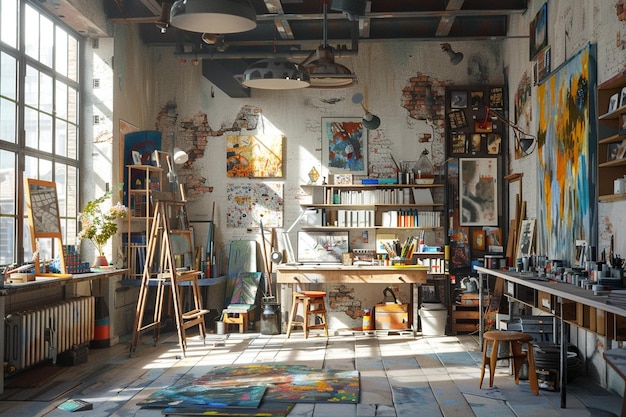 Studio d'arte con ampia luce naturale e creatività