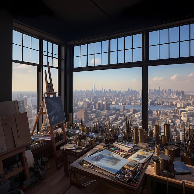 Studio d'arte con vista sullo skyline