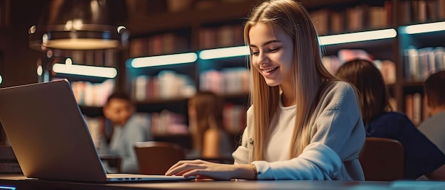 Studio dell'allievo della giovane donna nella biblioteca di scuola