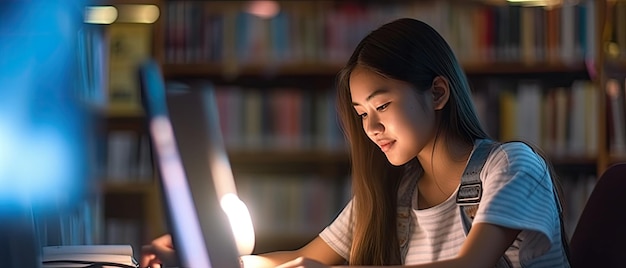 Studio dell'allievo della giovane donna nella biblioteca di scuola