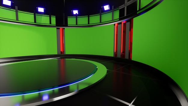 Studio di notizie, sfondo per spettacoli televisivi .TV su parete. 3D sfondo di studio di notizie virtuali, illustrazione 3d