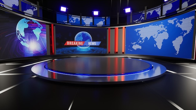 Studio di notizie, sfondo per spettacoli televisivi .TV su parete. 3D sfondo di studio di notizie virtuali, illustrazione 3d