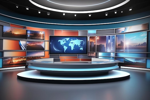 Studio di notizie virtuali 3D sullo sfondo di programmi televisivi TV on wall 3D