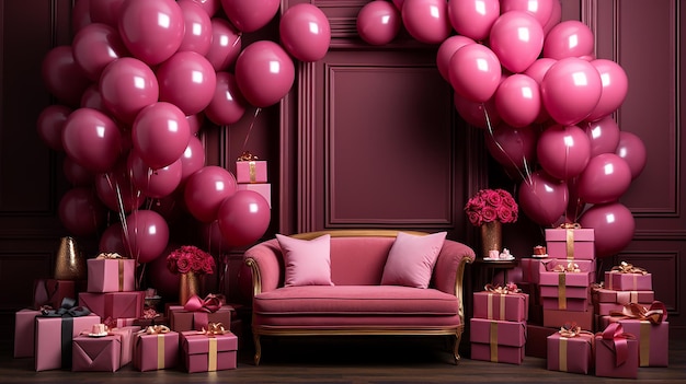 Studio fotografico di compleanno con sfondo rosa scuro grandangolare