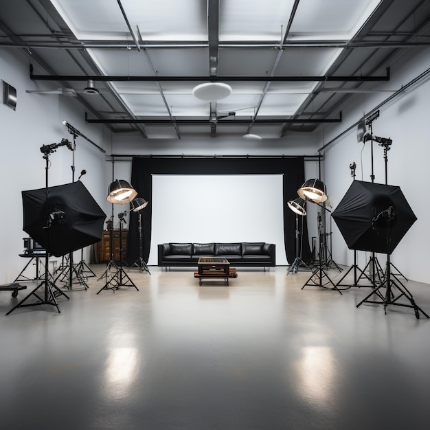 Studio fotografico vuoto con illuminazione fotografica AI generativa