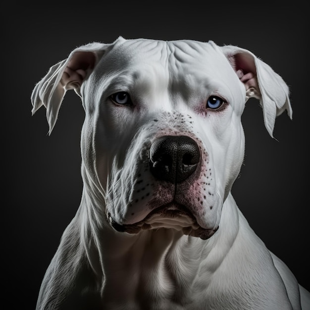 Studio girato con dogo argentino bianco ritratto di cane con la curiosità e lo sguardo innocente come concetto di moderno animale domestico felice in dettagli iperrealistici incantevoli di Generative AI