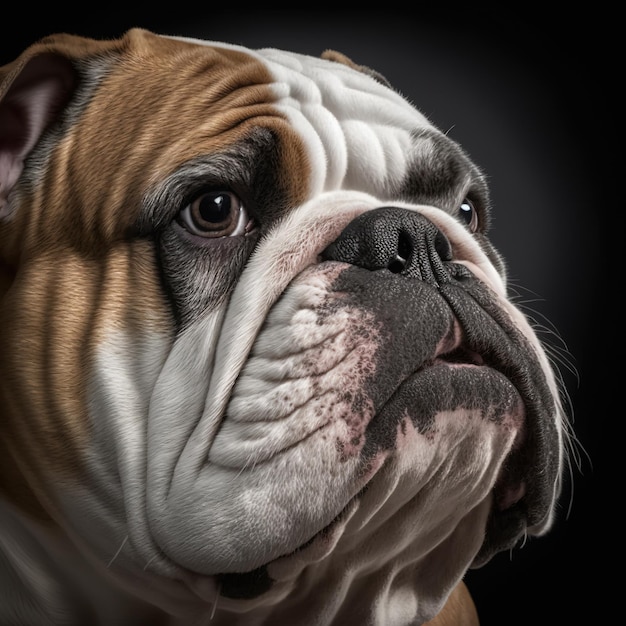 Studio girato con un simpatico ritratto di bulldog con la curiosità e l'aspetto innocente come concetto di moderno animale domestico felice in dettagli iperrealistici incantevoli di Generative AI