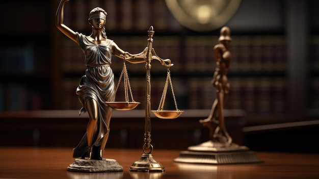 Studio legale di avvocati e procuratori Primo piano della scala di giustizia creata con tecnologia AI generativa