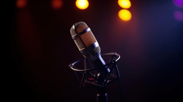 Studio Podcast microfono su sfondo sfocato al neon