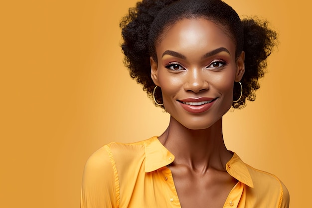 Studio protrait di una bella donna afroamericana su sfondo giallo. IA generativa.