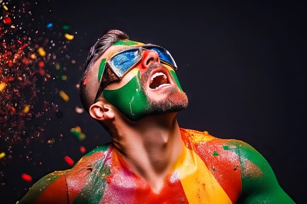 Studio shot di giovane uomo che indossa occhiali e maglietta arcobaleno lgtb senza maniche con stelle filanti che galleggiano intorno a lui su sfondo chiaro Concetto di festa celebrazione arcobaleno lgtbi gayAI immagine generata