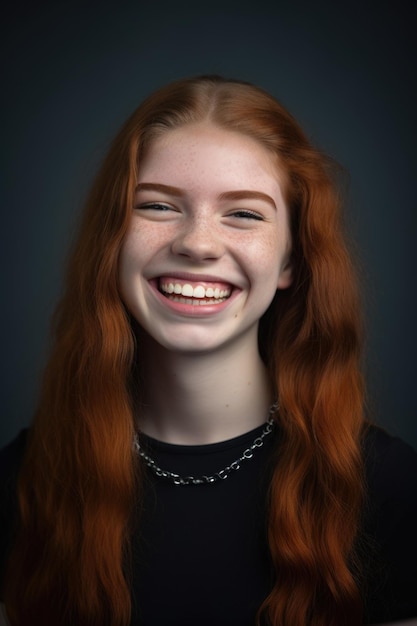 Studio shot di una bella giovane donna con bretelle contro uno sfondo grigio