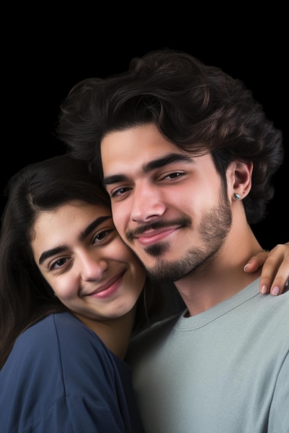 Studio shot di una giovane coppia che prende un selfie su uno sfondo grigio