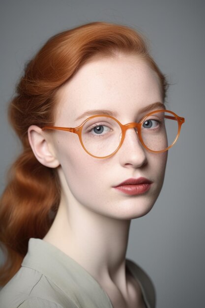 Studio shot di una giovane donna che indossa grandi occhiali su uno sfondo grigio