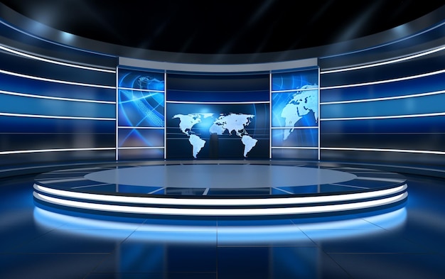 studio televisivo arafed con uno schermo blu e una mappa del mondo generativa ai