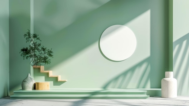 Studio verde minimalista con forme geometriche