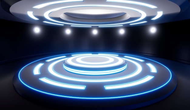 Studio vuoto astratto con piedistallo e illuminazione blu. Visualizzazione 3D.
