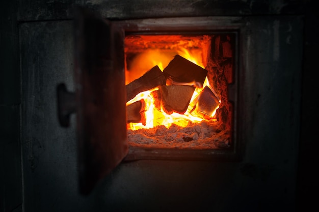 Stufa rurale Riscaldamento della casa Bruciare legna da ardere nella porta del forno aperta