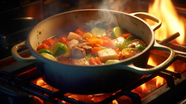 Stufato di carne con verdure in una padella su un fuoco in cucina