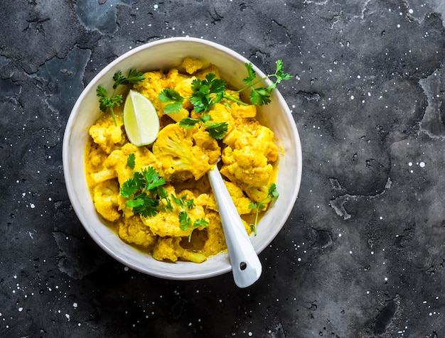 Stufato di cavolfiore indiano vegetariano con salsa al curry cilantro lime su sfondo scuro vista dall'alto Delizioso concetto di cibo indiano