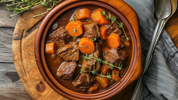 Stufato di manzo abbondante con vino rosso, verdure a radice, erbe fresche, piatto da ristorante che serve da vicino, offerta stagionale difficile da preparare, eccellenza culinaria, concetto di sofisticazione, generato dall'AI.