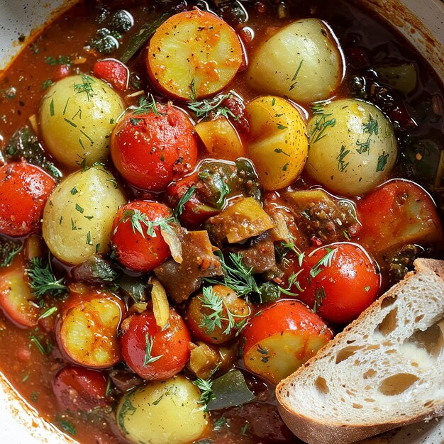 stufato di verdure con patate pomodori e erbe con salsa