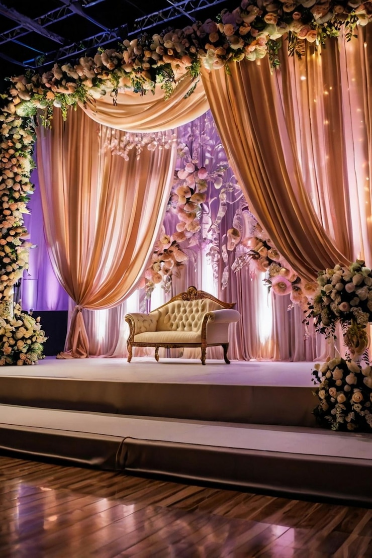 Stunning wedding stage decoration design with flowers and fabric for a wedding ceremony