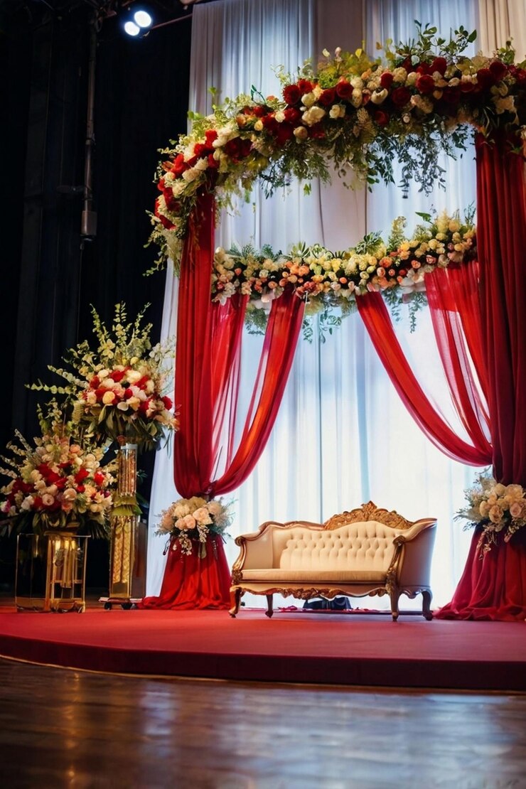 Stunning wedding stage decoration design with flowers and fabric for a wedding ceremony