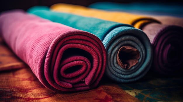 Stuoie di yoga arrotolate colorate su uno sfondo di legno Fuoco selettivo