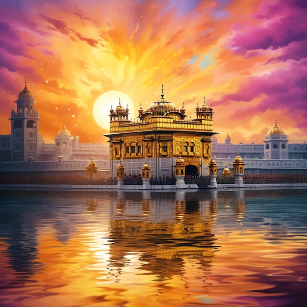Stupenda carta da parati Sikh Sunrise Golden Temple ad Amritsar che riflette le tonalità dell'alba
