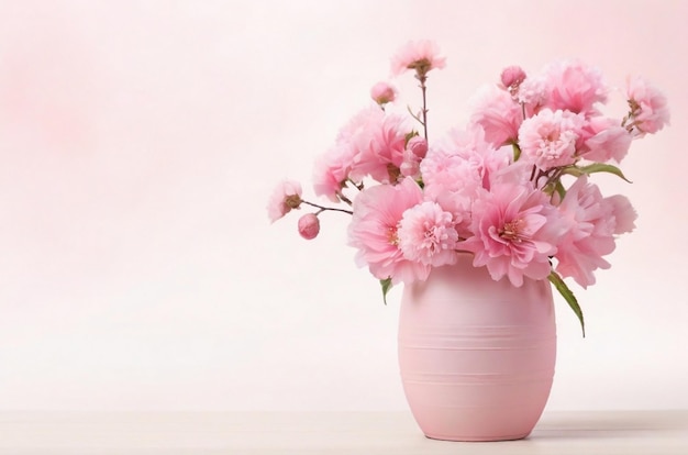 Stupendo vaso con fiori rosa in fiore su uno sfondo estetico