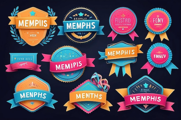 Styled Memphis Ribbons Etichette Tag Emblemi Elementi di design retro-ispirati