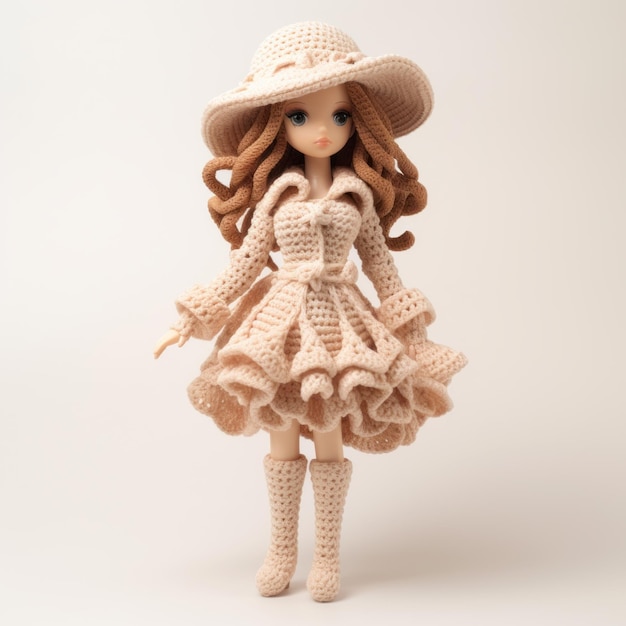 Stylish 3d crochet Jennifer Doll in cappello di crema e mini vestito marrone