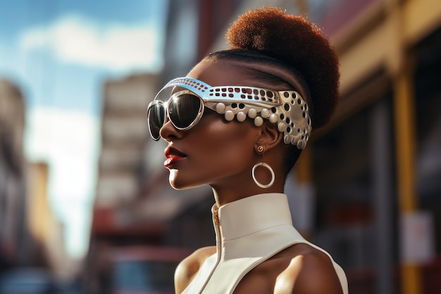 Stylish Afro donna con occhiali da sole sulla strada della città ritratto di moda urbana stile di vita estivo