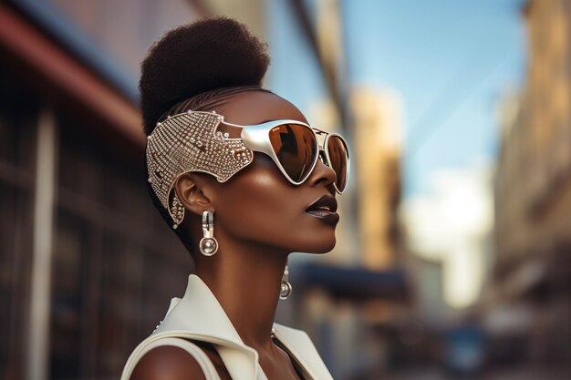 Stylish Afro donna con occhiali da sole sulla strada della città ritratto di moda urbana stile di vita estivo