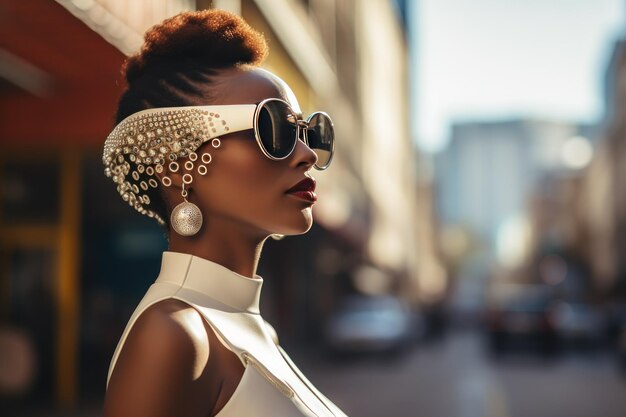 Stylish Afro donna con occhiali da sole sulla strada della città ritratto di moda urbana stile di vita estivo