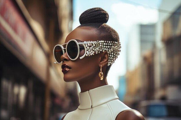 Stylish afro donna con occhiali da sole sulla strada della città ritratto di moda urbana stile di vita estivo