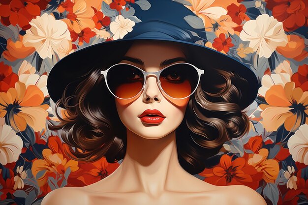Stylish capelli neri ragazza con cappello e occhiali da sole sfondo fiore estate vibrazioni retro poster di cartoni animati