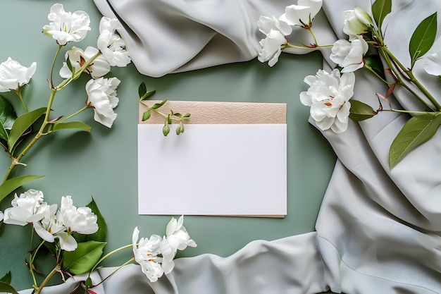 Stylish elegante flat lay oro bianco floristico invito di saluto cartolina con modello di spazio di copia