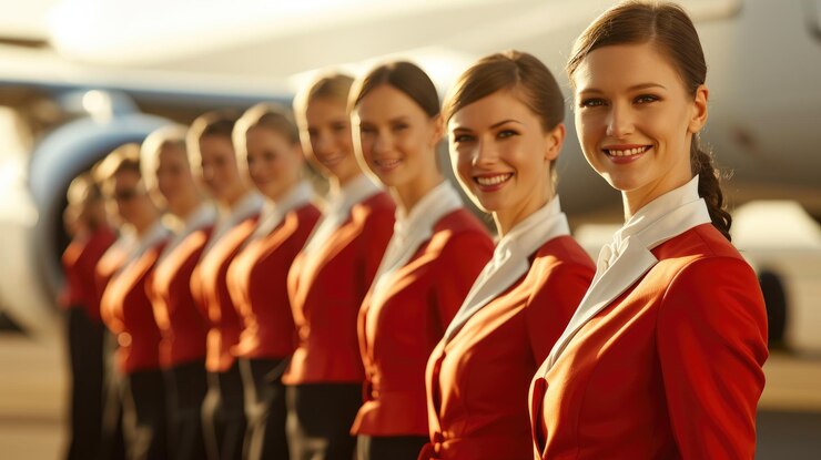Stylish Flight Attendants in Front of Airplane Terminal