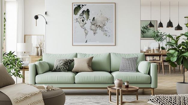Stylish living scandinavo con design menta divano mobili mock up mappa posterGenerative Ai