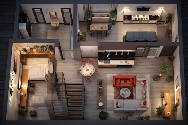 Stylish loft con splendida vista dall'alto Moderno e chic rendering 3D